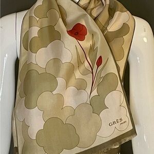 Super Chic Vintage Gres Paris Silk Scarf Taupes Statement Red Floral 11 x 42